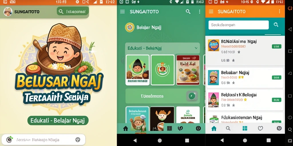 Screenshot antarmuka pengguna SUNGAITOTO dengan fitur belajar ngaji.