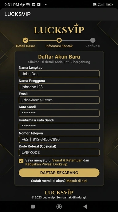 Tampilan halaman daftar lucksvip